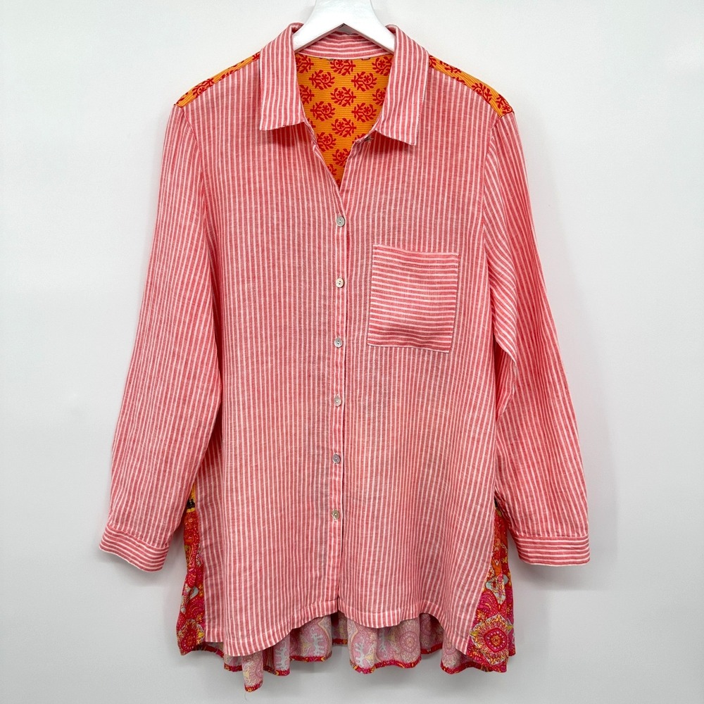 John Mark Mixed Media Tunic Top Shirt Size M L Pink Linen Blend Boho Artsy Retro